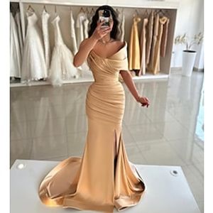 Mermaid  Trumpet Prom Dresses Elegant Dress Formal Prom Floor Length Sleeveless Off Shoulder Satin with Ruched Slit 2024 Lightinthebox