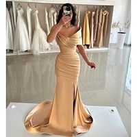 Mermaid  Trumpet Prom Dresses Elegant Dress Formal Prom Floor Length Sleeveless Off Shoulder Satin with Ruched Slit 2024 Lightinthebox