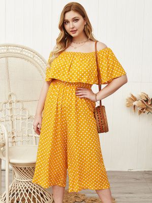 Plus Size Yellow Polka Dot Off The Shoulder Jumpsuit Plus Size Yellow Polka Dot Off The Shoulder Jumpsuit