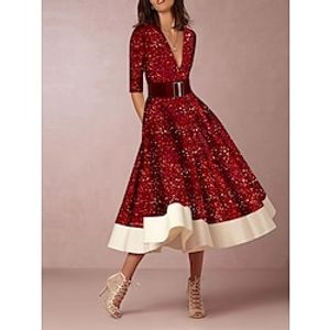 Women's A Line Dress Graphic Color Block Patchwork High Waist V Neck Long Dress Maxi Dress Elegant A Line Valentine's Day Date Long Sleeve Regular Fit White Wine Red Spring Fall S M L XL XXL Lightinthebox