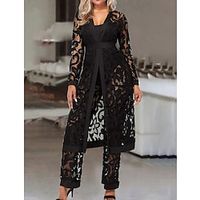 Women's Jumpsuit Mesh Print V Neck Formal Party Weekend Straight Regular Fit Long Sleeve Black S M L Winter miniinthebox - thumbnail