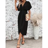 Women's Black Dress Midi Dress Ruched Streetwear V Neck Short Sleeve Black Color Lightinthebox