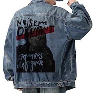 Letter Human Casual Men's Coat Denim Jacket Sports  Outdoor Going out Weekend Fall  Winter Turndown Long Sleeve Black Blue M L XL Denim Jacket Lightinthebox