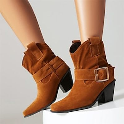 Women's Boots Cowboy Boots Plus Size Heel Boots Party Solid Color Booties Ankle Boots Winter Buckle Chunky Heel Pointed Toe Fashion Faux Suede Zipper Black Red Brown miniinthebox