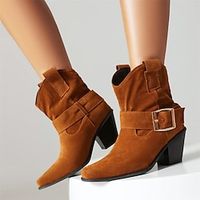 Women's Boots Cowboy Boots Plus Size Heel Boots Party Solid Color Booties Ankle Boots Winter Buckle Chunky Heel Pointed Toe Fashion Faux Suede Zipper Black Red Brown miniinthebox - thumbnail