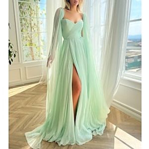 A-Line Evening Gown Princess Dress Formal Wedding Guest Court Train Sleeveless Square Neck Capes Tulle with Slit 2023 Lightinthebox
