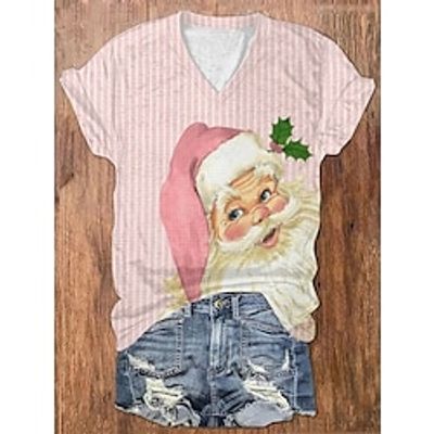 Christmas Shirt Women's T shirt Tee Santa Claus Striped Pink Print Short Sleeve Christmas Weekend Festival  Holiday V Neck Regular Fit Summer Lightinthebox