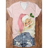 Christmas Shirt Women's T shirt Tee Santa Claus Striped Pink Print Short Sleeve Christmas Weekend Festival  Holiday V Neck Regular Fit Summer Lightinthebox - thumbnail