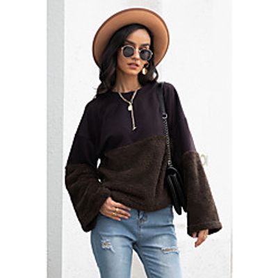 Women's Sweatshirt Pullover Plain Patchwork Daily Sports Streetwear Fuzzy Hoodies Sweatshirts  Brown miniinthebox