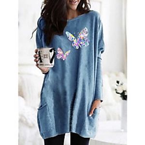 Women's T shirt Dress Graphic Butterfly Long Sleeve Pocket Round Neck Tops Basic Basic Top White Black Fuchsia miniinthebox