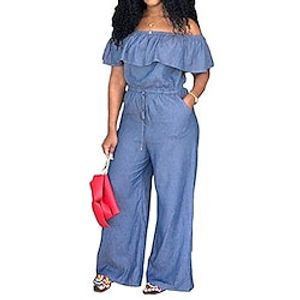 Women's Plus Size Jumpsuit Ruffle Short Sleeve Basic Spring Summer Light Blue Navy Blue L XL XXL XXXL 4XL  One Shoulder Lightinthebox