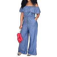 Women's Plus Size Jumpsuit Ruffle Short Sleeve Basic Spring Summer Light Blue Navy Blue L XL XXL XXXL 4XL  One Shoulder Lightinthebox - thumbnail