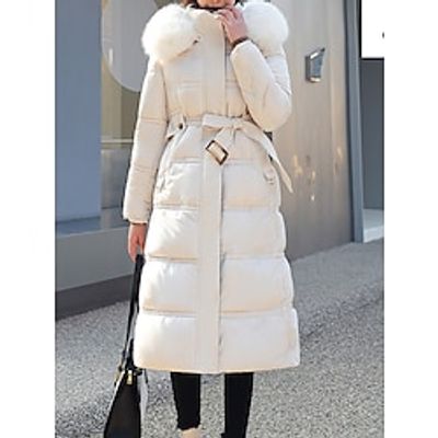 Women's Parka Long Puffer Belted Winter Coat with Fur Collar Windproof Thermal Warm Heated Jacket Pocket Outerwear Long Sleeve Black White Coffee Lightinthebox