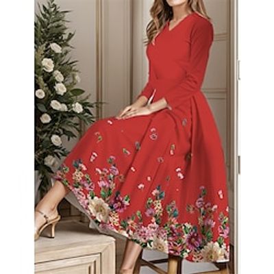 Women's Party Dress Cocktail Dress Wedding Guest Dress Midi Dress Olive Green White Red 34 Length Sleeve Floral Print Spring Fall Winter V Neck Elegant Winter Dress Wedding Guest Vacation S M L XL Lightinthebox