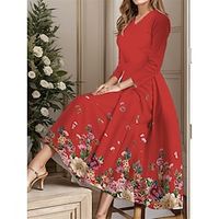 Women's Party Dress Cocktail Dress Wedding Guest Dress Midi Dress Olive Green White Red 34 Length Sleeve Floral Print Spring Fall Winter V Neck Elegant Winter Dress Wedding Guest Vacation S M L XL Lightinthebox - thumbnail