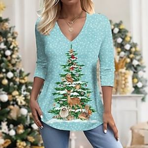 Christmas Shirt Women's T shirt Tee Christmas Tree Blue Print Long Sleeve Christmas Weekend Festival  Holiday V Neck Regular Fit Spring   Fall Lightinthebox