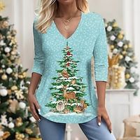 Christmas Shirt Women's T shirt Tee Christmas Tree Blue Print Long Sleeve Christmas Weekend Festival  Holiday V Neck Regular Fit Spring   Fall Lightinthebox - thumbnail
