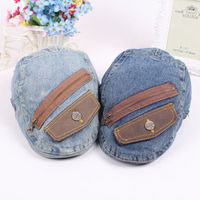 Men Women Zipper Pocket Denim Beret Cap Retro Forward Cap