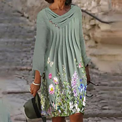 Women's A Line Dress Knee Length Dress Green Long Sleeve Floral Print Fall V Neck Casual 2021 S M L XL XXL 3XL Lightinthebox