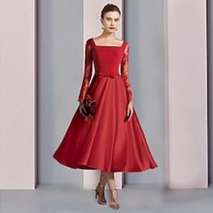 A-Line Mother of the Bride Dress Formal Wedding Guest Vintage Elegant Square Neck Tea Length Satin Lace Stretch Fabric Long Sleeve with Bow(s) Appliques 2023 Lightinthebox