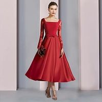 A-Line Mother of the Bride Dress Formal Wedding Guest Vintage Elegant Square Neck Tea Length Satin Lace Stretch Fabric Long Sleeve with Bow(s) Appliques 2023 Lightinthebox - thumbnail