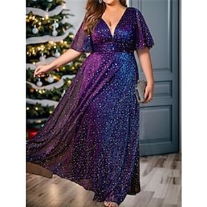 Women's Plus Size Prom Dress Party Dress Wedding Guest Dress Long Dress Maxi Dress Purple Half Sleeve Ombre Mesh Spring Fall Winter V Neck Fashion Winter Dress Christmas Wedding Guest 2023 L XL XXL Lightinthebox