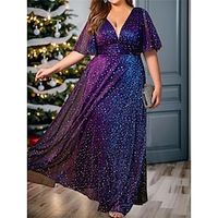 Women's Plus Size Prom Dress Party Dress Wedding Guest Dress Long Dress Maxi Dress Purple Half Sleeve Ombre Mesh Spring Fall Winter V Neck Fashion Winter Dress Christmas Wedding Guest 2023 L XL XXL Lightinthebox - thumbnail