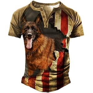 Men's Henley Shirt Tee T shirt 3D Print Dog Graphic American Flag Plus Size Henley Daily Sports Patchwork Button-Down Short Sleeve Tops Basic Casual Classic Designer Brown Lightinthebox