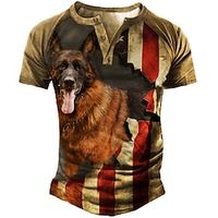 Men's Henley Shirt Tee T shirt 3D Print Dog Graphic American Flag Plus Size Henley Daily Sports Patchwork Button-Down Short Sleeve Tops Basic Casual Classic Designer Brown Lightinthebox - thumbnail