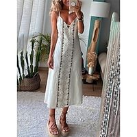 Women's Black Dress Casual Dress Cotton Linen Dress Midi Dress Linen Cotton Blend Modern Style Daily Vacation Weekend Spaghetti Strap Backless Print Sleeveless Summer Spring 2023 Loose Fit Apricot Lightinthebox