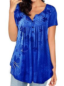 Round Neck Buttons Print Short Sleeve T-shirt