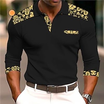 Floral Casual Men's 3D Print Cable Knit Polo Golf Polo Outdoor Casual Daily Streetwear Polyester Long Sleeve Turndown Polo Shirts Yellow Green Fall  Winter S M L Micro-elastic Lapel Polo Lightinthebox