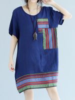 Vintage Women Patchwork Short Sleeve O-neck Dresses