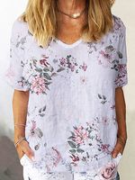 Round Neck Casual Loose Floral Print Short Sleeve Blouse