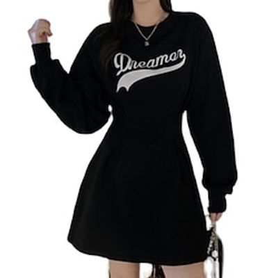 Women's Hoodie Dress T Shirt Dress Tee Dress Black Long Sleeve Letter Ruched Winter Fall Crew Neck Casual Fall Dress 2022 S M L XL / Winter Dress / Black Dress miniinthebox