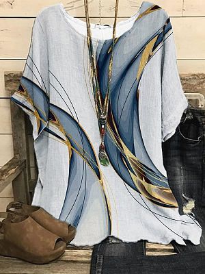 Round Neck Casual Loose Bronzing Printed Short-sleeved Blouse