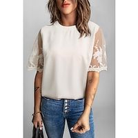 Shirt Blouse Women's Black White Pink Solid Color Lace Street Daily Fashion Round Neck S Lightinthebox
