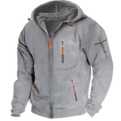 Letter Graphic Prints Fashion Daily Casual Men's Hoodie Zip Hoodie Outerwear Vacation Going out Streetwear Hoodies Light Grey Dark Blue Gray Hooded Print Spring   Fall Designer Lightinthebox