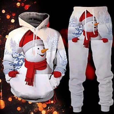 Santa Claus Snowman Graphic Prints Fashion Daily Casual Men's 3D Print Tracksuit Sweatsuit Hoodie Outfits Christmas Vacation Going out Hoodies White Red Hooded 2 Piece Print Spring   Fall Designer Lightinthebox