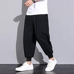 Men's Linen Pants Trousers Summer Pants Straight Pocket Elastic Waist Solid Color Comfort Breathable Ankle-Length Daily Going out Linen / Cotton Blend Fashion Streetwear Black Micro-elastic miniinthebox