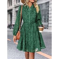 Women's Shirt Dress Casual Dress Lace Dress Mini Dress Lace up Lace Outdoor Street Daily Fashion Streetwear Stand Collar Long Sleeve 2023 Loose Fit Black Wine Dark Green Color S M L XL Size Lightinthebox - thumbnail