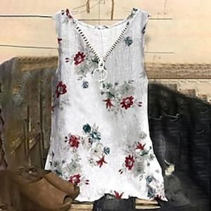 Women's Plus Size Tops Tank Top Floral Zipper Print Sleeveless V Neck Streetwear Daily Holiday Cotton Spandex Jersey Spring Summer White miniinthebox