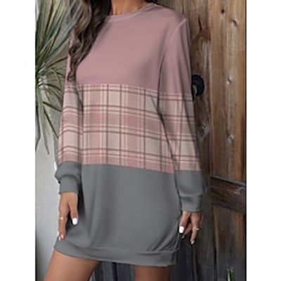 Women's Sweatshirt Dress Casual Dress Mini Dress Warm Fashion Outdoor Vacation Going out Crew Neck Print Geometric Regular Fit Pink Blue khaki S M L XL XXL Lightinthebox