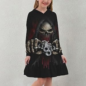 Kids Little Girls' Dress Skull A Line Dress Daily Holiday Vacation Ruffle Print Black Above Knee Long Sleeve Casual Cute Sweet Dresses Fall Spring Regular Fit 3-12 Years Lightinthebox