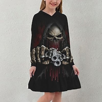 Kids Little Girls' Dress Skull A Line Dress Daily Holiday Vacation Ruffle Print Black Above Knee Long Sleeve Casual Cute Sweet Dresses Fall Spring Regular Fit 3-12 Years Lightinthebox