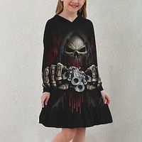 Kids Little Girls' Dress Skull A Line Dress Daily Holiday Vacation Ruffle Print Black Above Knee Long Sleeve Casual Cute Sweet Dresses Fall Spring Regular Fit 3-12 Years Lightinthebox - thumbnail