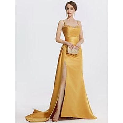A-Line Evening Gown Sparkle Dress Wedding Prom Sweep Brush Train Sleeveless Spaghetti Strap Satin with Rhinestone Ruched 2023 Lightinthebox A-Line Evening Gown Sparkle Dress Wedding Prom Sweep Brush Train Sleeveless Spaghetti Strap Satin with Rhinestone Ruched 2023 Lightinthebox