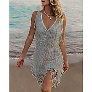 Women's Sheath Dress Short Mini Dress White Sleeveless Solid Color Tassel Fringe Plus High Low Fall Spring V Neck Hot Elegant Party 2021 S M L XL XXL miniinthebox