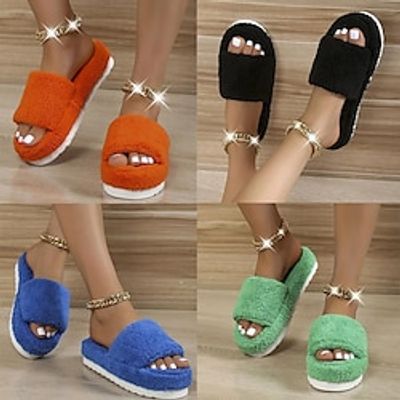 Women's Plush Platform Slippers, Soft  Warm Solid Color Open Toe Slides Shoes, Indoor  Outdoor Slippers Christmas Gift Xmas Gift miniinthebox