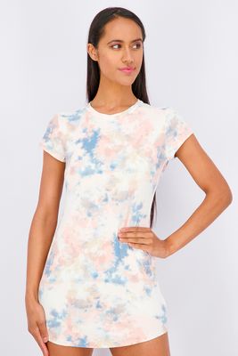 Womens Roud Neck Shot Sleeve Brushed Jersey Dress Blue/Pink Womens Roud Neck Shot Sleeve Brushed Jersey Dress Blue/Pink